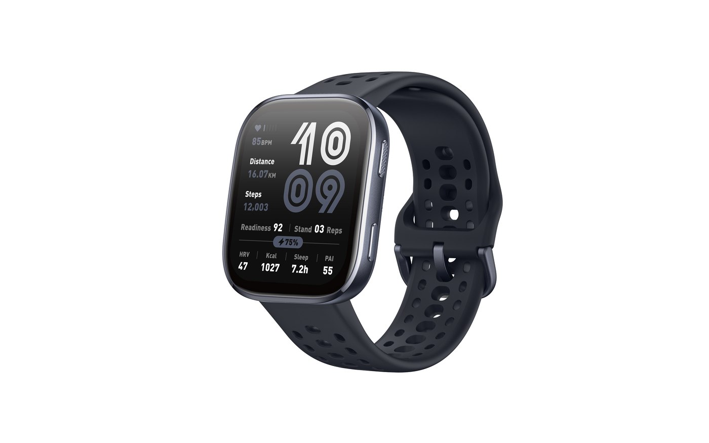 Amazfit Bip 6 in black showing time and daily activity stats