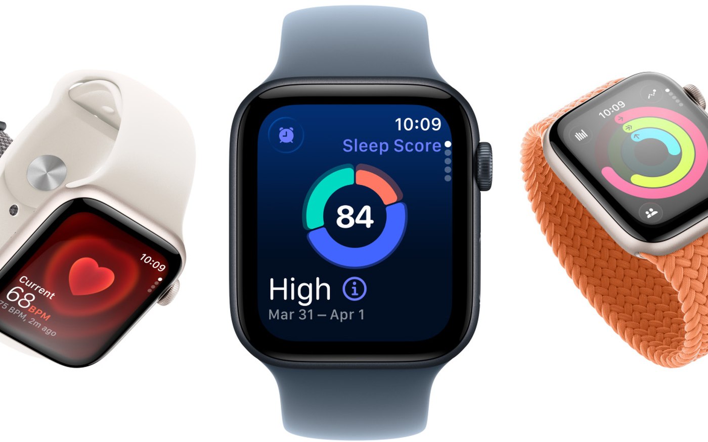 Three Apple Watch SE 3 models showing heart rate, sleep score, and activity rings