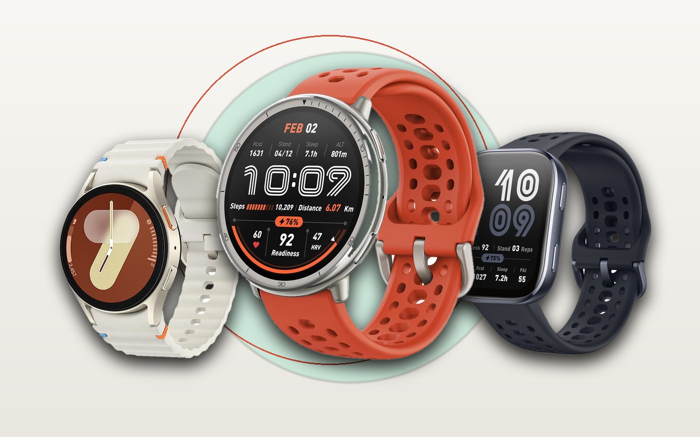 Four budget smartwatches side by side: Amazfit Active 2, Galaxy Watch 7, Apple Watch SE 3 and Amazfit Bip 6