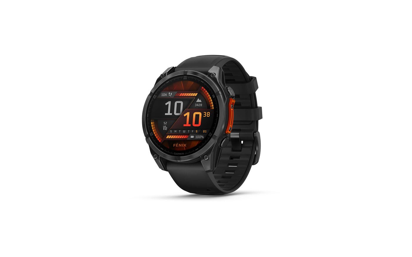 Garmin Fenix 8 displaying an orange-accented multisport watch face