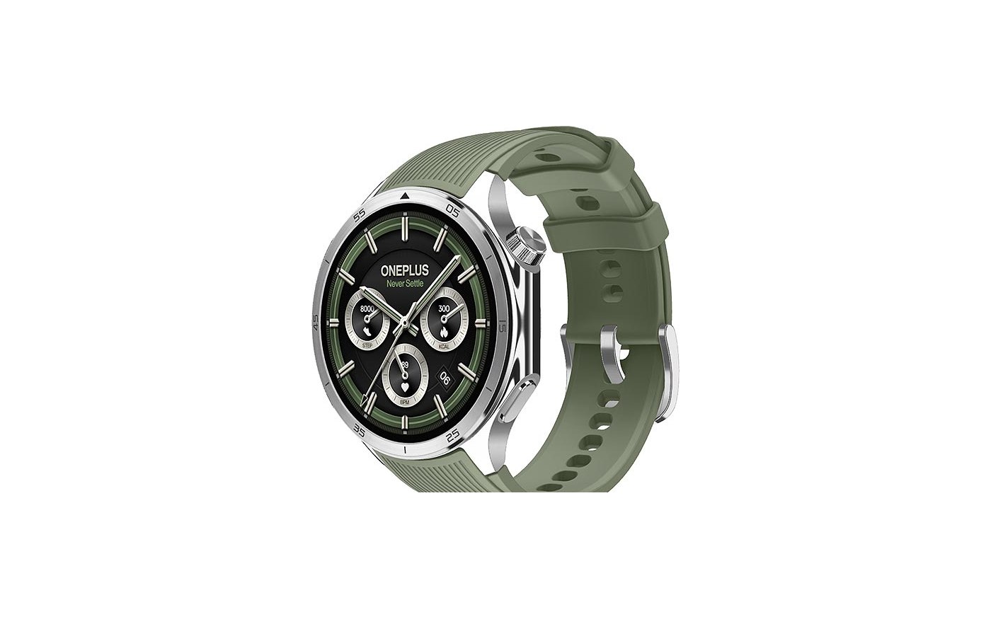 OnePlus Watch 3 with green strap showing its dial-style watch face