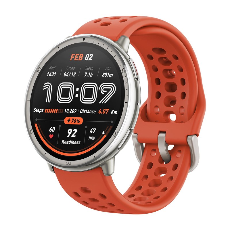 Amazfit Active 2 with red Sport silicone strap and stainless steel bezel